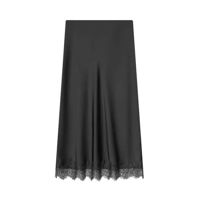 Falda media con decoración de encaje y textura de seda para mujer, falda Midi elegante de cintura alta, faldas de moda con cintura elástica para otoño