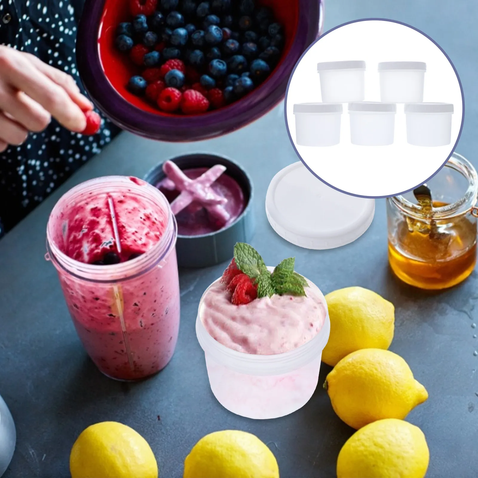 5pcs 400Ml Ice Cream Containers With Lids Freezer Storage Boxes Dessert Cup Yogurt Jar Plastic Food Container Stackable Kitchen