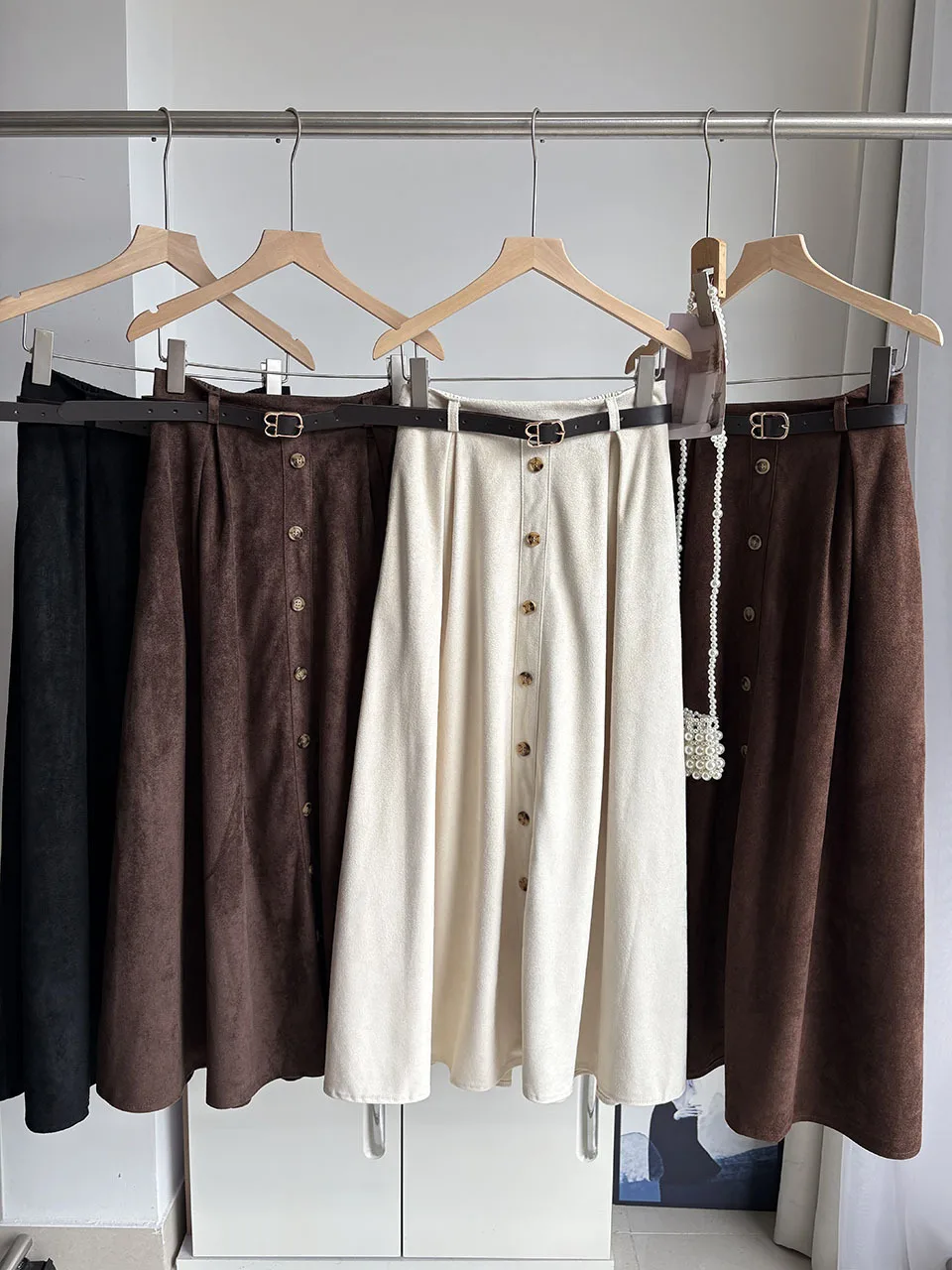 Women Korean Brown Suede Look Single Button Front A-line Skirt High Waist Flared Midi Skirt Retro Elegant Autumn Umbrella Skirt