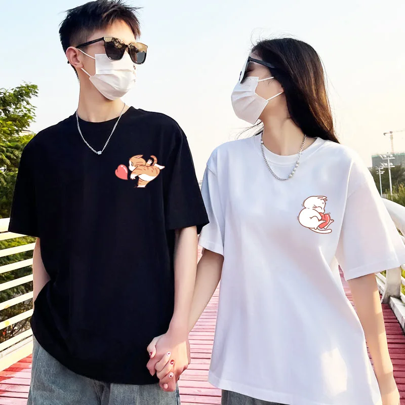 Interesting Little Cat Love Heart Graphic Print Summer Fashion Couple T-shirts 240g Cotton Men Women Short Sleeve Tshirts Top