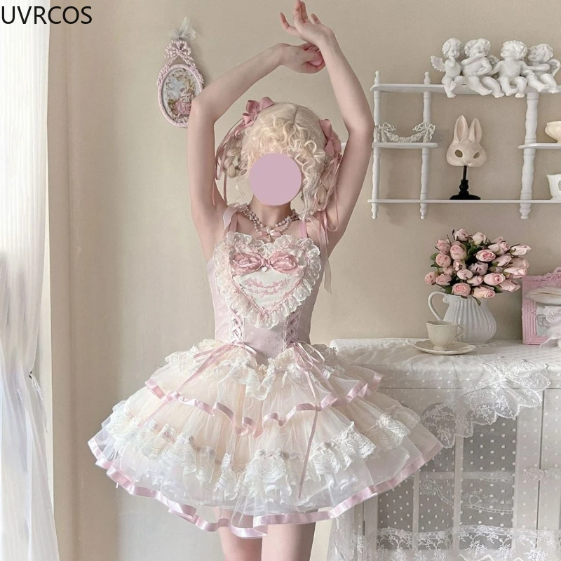 Vestido japonés de Lolita Jsk para mujer, Mini vestidos de princesa de vendaje delgado con volantes de encaje Kawaii, bordado con lazo, lindo vestido de fiesta