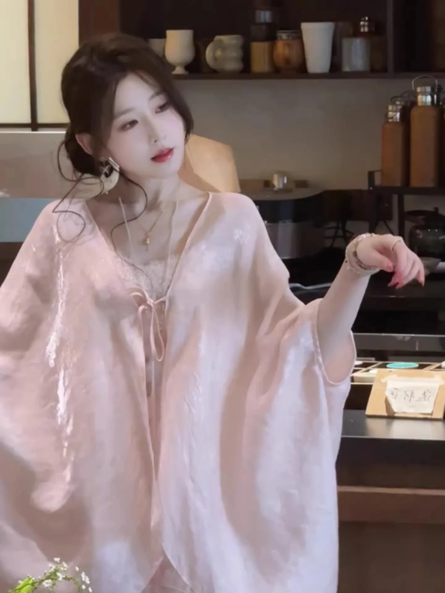 

Gentle Style Women's Summer New Lightweight Breathable Backless Chiffon Sun Protection Clothing Belted Short Coat Cover up