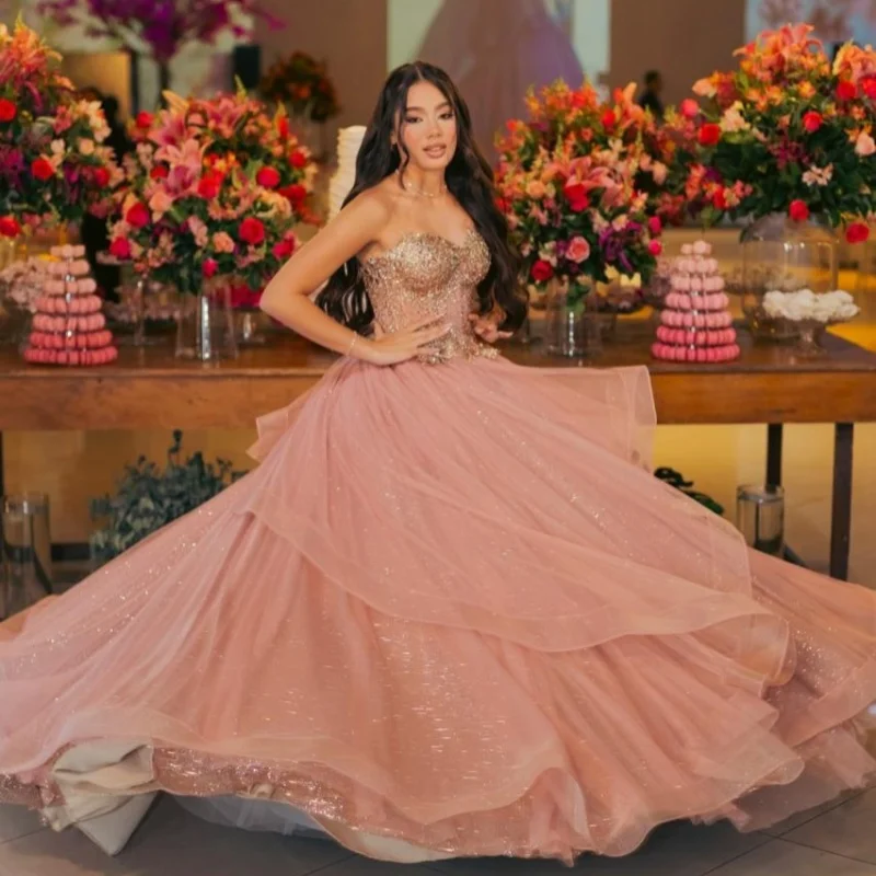 Champagne Quinceanera robe cristal paillettes décalcomanie dentelle superposition longue queue robes De 15 Quinceanera ﻿ Personnaliser