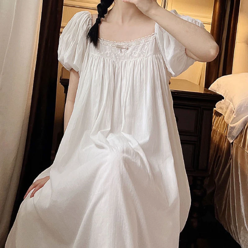 Embroidered Cotton Night Dress Vintage Nightgowns Women Summer Puff Sleeve Long Peignoir Victorian Nightdress Princess Sleepwear