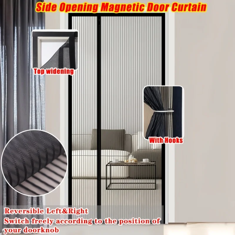 Reversible Magnetic Door Curtain - Side Opening with Hooks, Pet Friendly Polyester Mesh for Living Room/Kitchen/Balcony