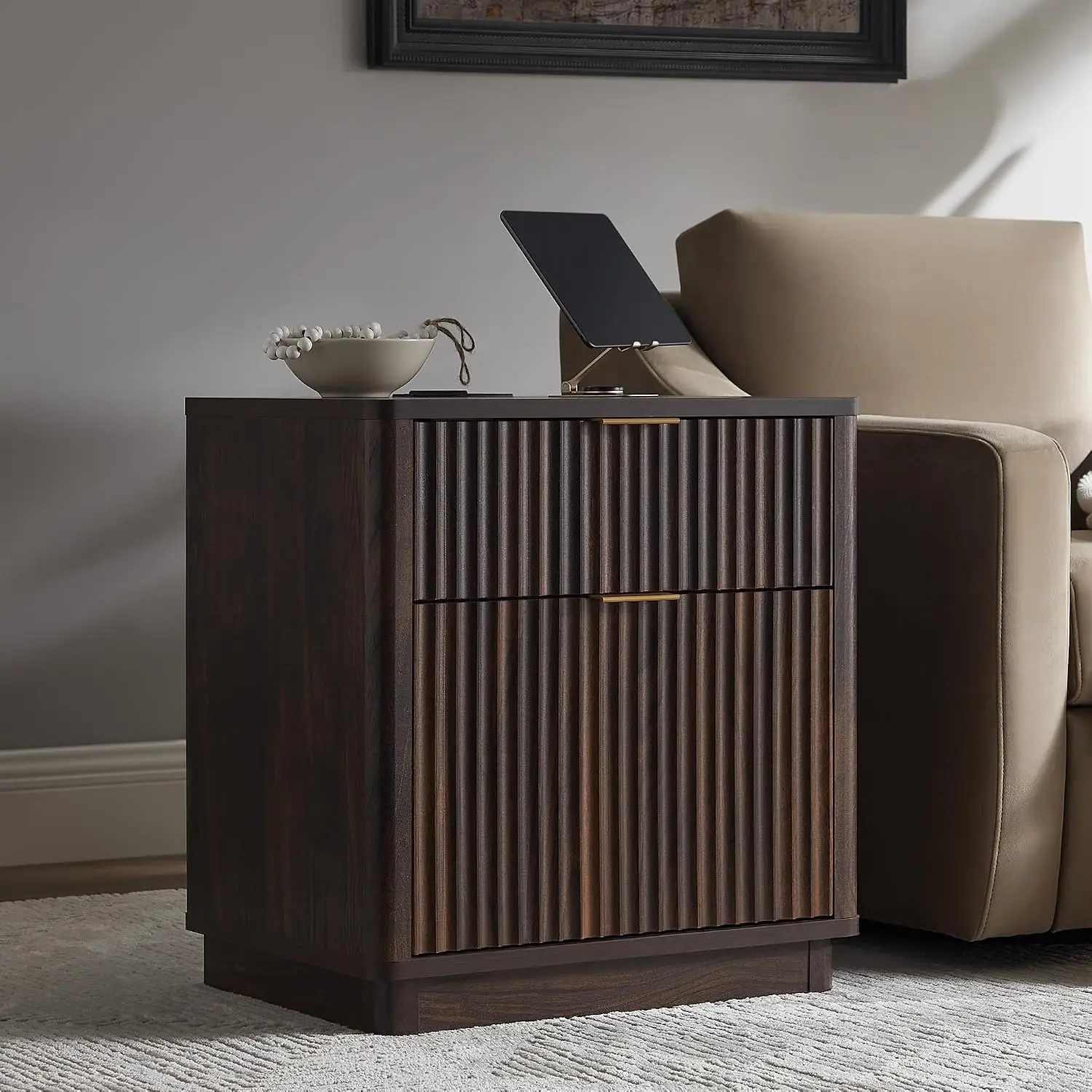 23'' Fluted Nightstand with Charging Station, Modern, Dark Walnut | Large 2 Drawer, Curved Profile, Mid-Century,, Customized