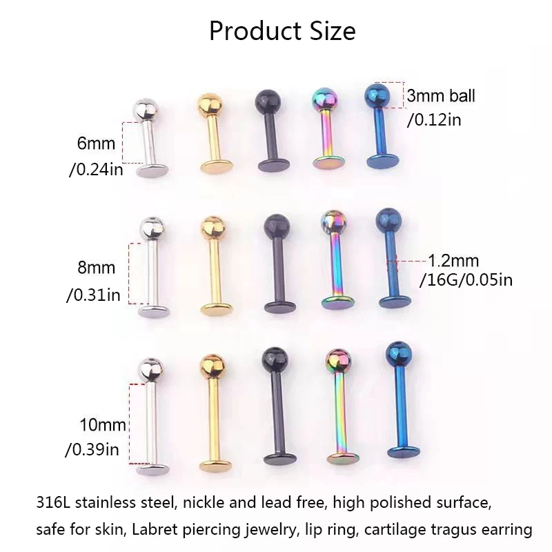 3/5Pcs 316L Stainless Steel Labret Piercing Jewelry, Lip Rings Nose Rings Nose Studs Cartilage Tragus Conch Earring Studs