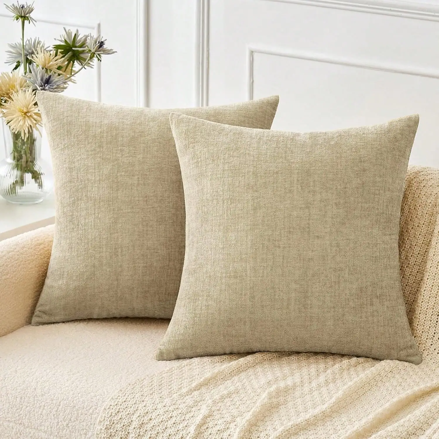 1 Stück beige Chenille-Kissenbezug, 45 x 45 cm, Textur, moderner Dekokissenbezug, dekoratives Heimkissen für Sofa, Bett, Kissenbezug
