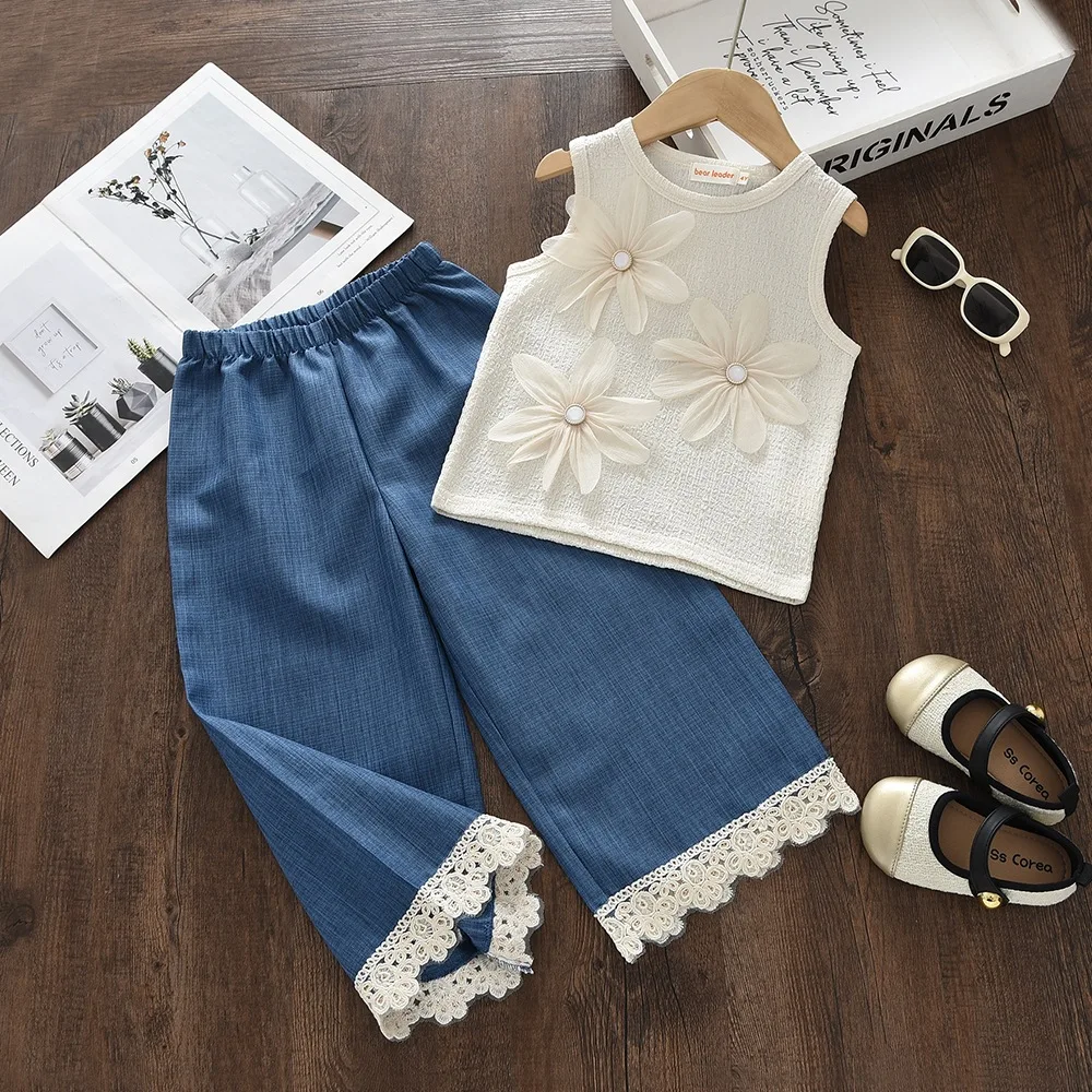 Summer Girls Trendy Two Piece Set 3D Floral Sleeveless Top Imitation Denim Lace Long Pants New Style for Little Girls