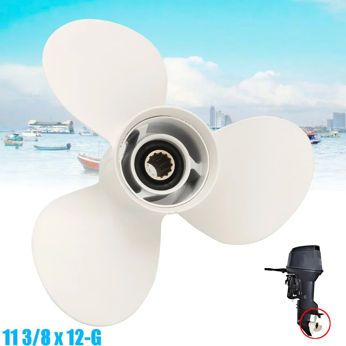 11 3/8X12 Boat Outboard Propeller Aluminum For Yamaha 40 48 50 55 60HP 13 Spline Tooths Diameter 90mm White 3 Blades