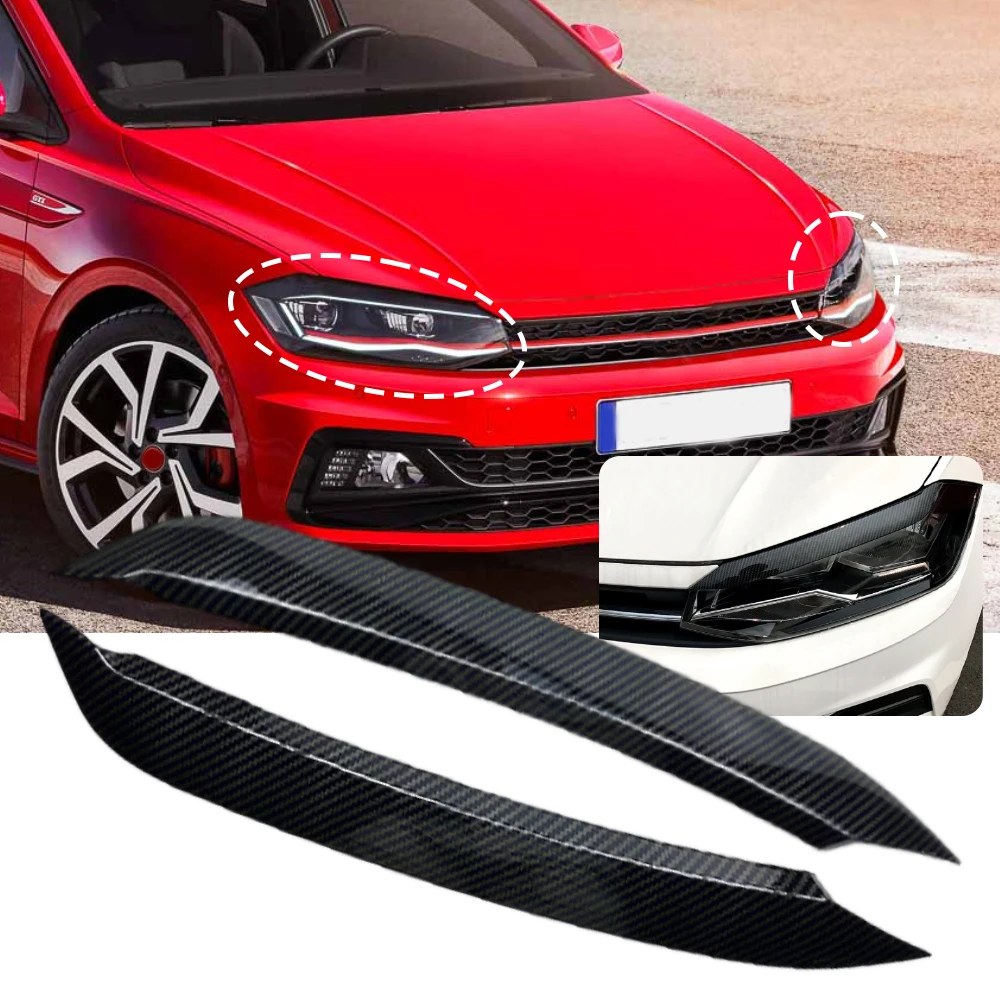 2Pcs Car Headlight Eyebrow Eyelid Cover Trim Black For VW Polo MK6 2019 2020 2021 2022 Car Eyelids Lids ABS Carbon Sticker