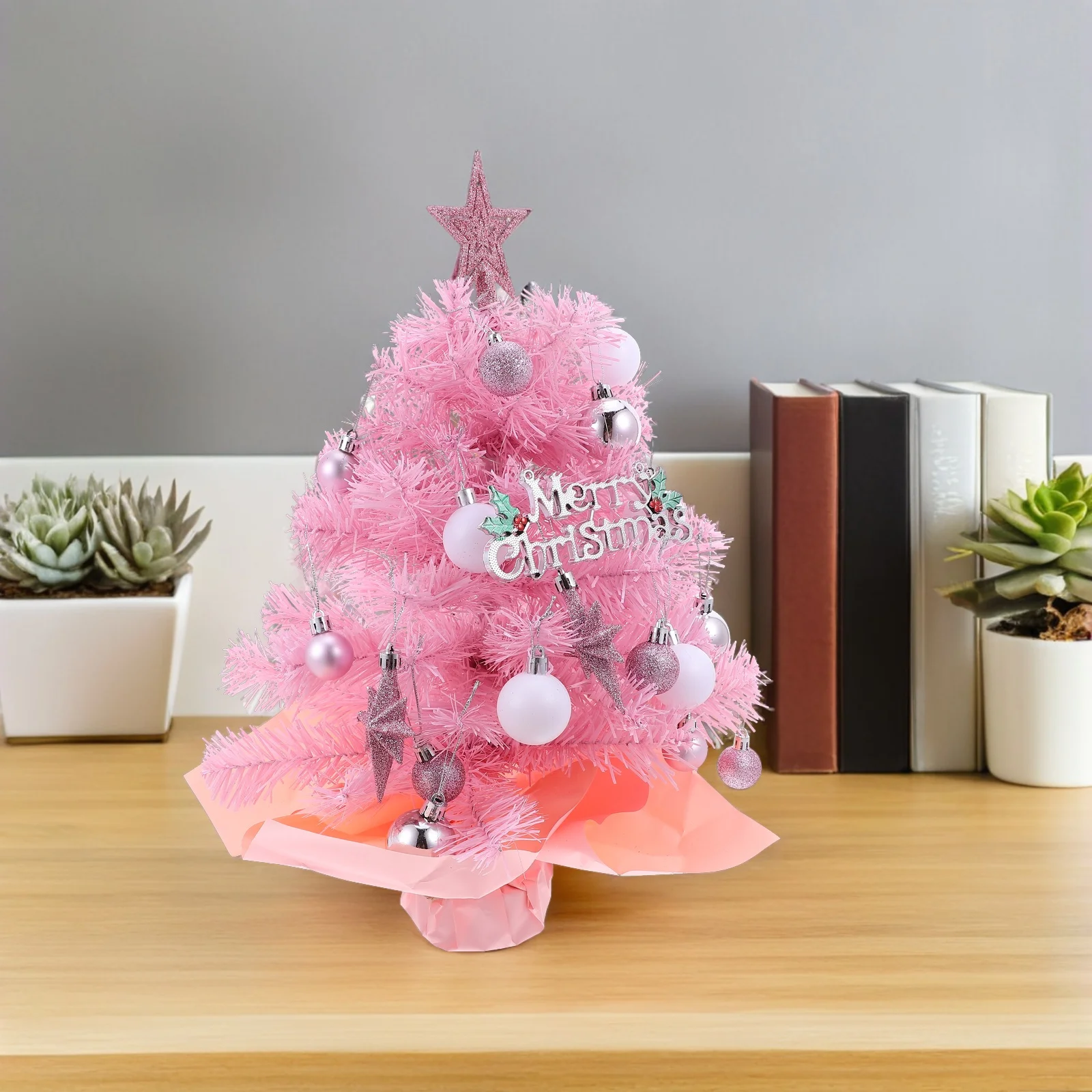 

Mini Christmas Tree Artificial Pink Tabletop Prelit Star Top Ball Ornaments Indoor Holiday Decor Mini Christmas Tree with Lights
