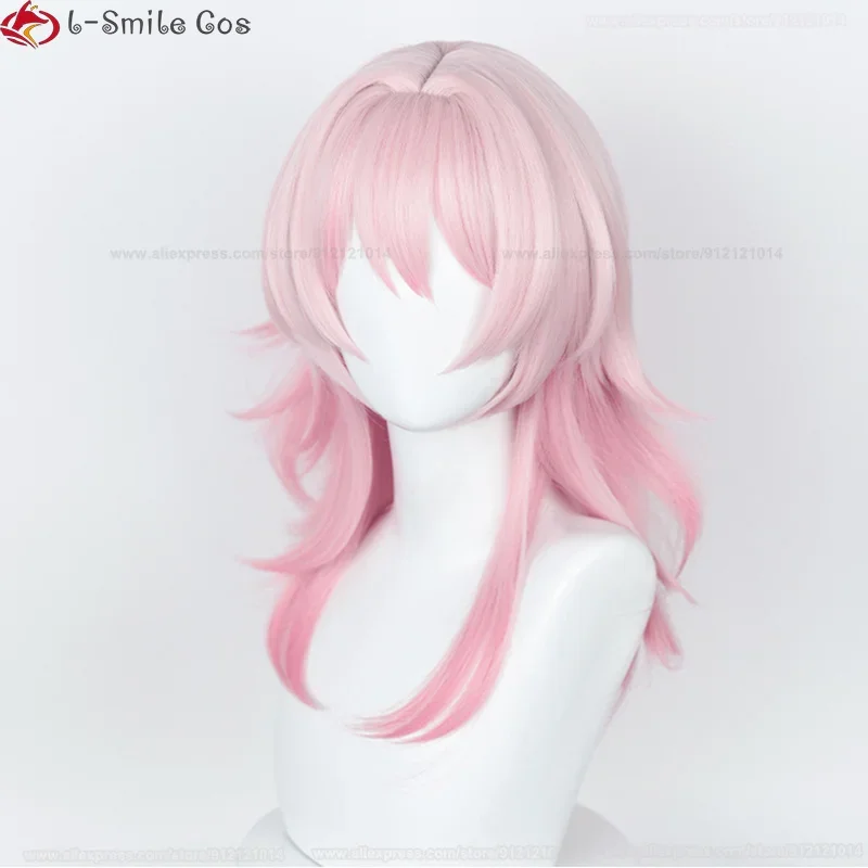 HSR-Peluca de Cosplay de 7 ° de March para mujer, pelucas de 50cm de largo, color rosa degradado, cabello sintético resistente al calor, pelucas de Anime de Halloween + gorro de peluca