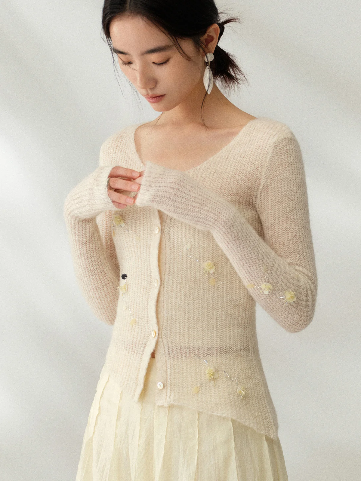 

Murmur Mi ort Open Front Knitted Sweater with Beads Mare's Hair Knitwear Slim Fit Commute Sle Pure Color Spring Autumn