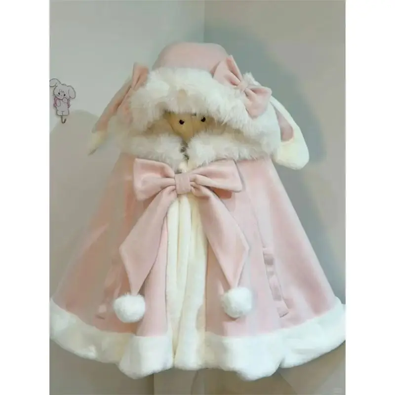 2026 Christmas Winter Cloak Overcoat Women Design Bow  Lolita Hooded Patchwork Kawaii Cope Coat Female Warm Cape Sweet Jackets