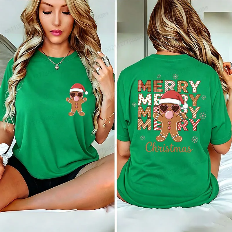 Weihnachts-T-Shirt für Damen, T-Shirt mit Lebkuchen-Motiv, T-Shirts mit beidseitigem Aufdruck, T-Shirts mit Weihnachtsmotiv, Weihnachts-Party-Outfit. – Detail 3
