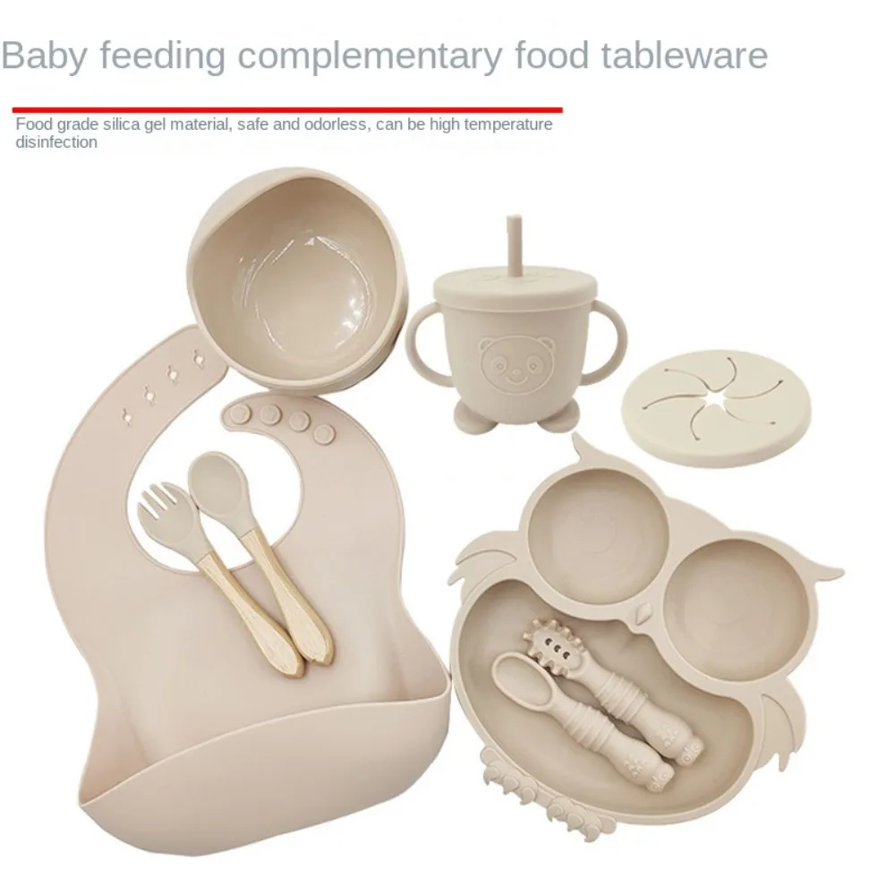 2024 7Pcs Baby Silicone Tableware Owl Dinner Plate 3-compartment Suction Cup Food Plate Bowl Spoon Baby Feeding Tableware Set