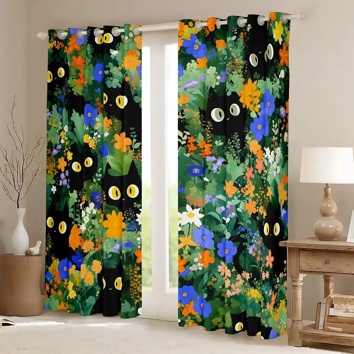 Adorable Cat and Flower Pattern Curtains Panels Black Background Floral Cottagecore Window Curtain Pair for Home Decor Living Ro