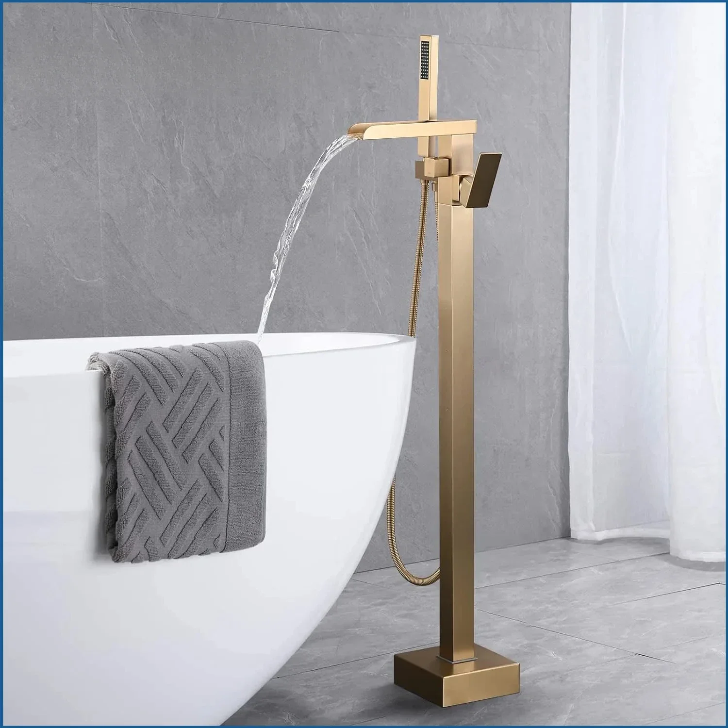 Freestanding Bathtub Faucet Tub Filler High Flow Waterfall Bath Filler Brushed Gold Tub Faucets with Hand Shower Tap