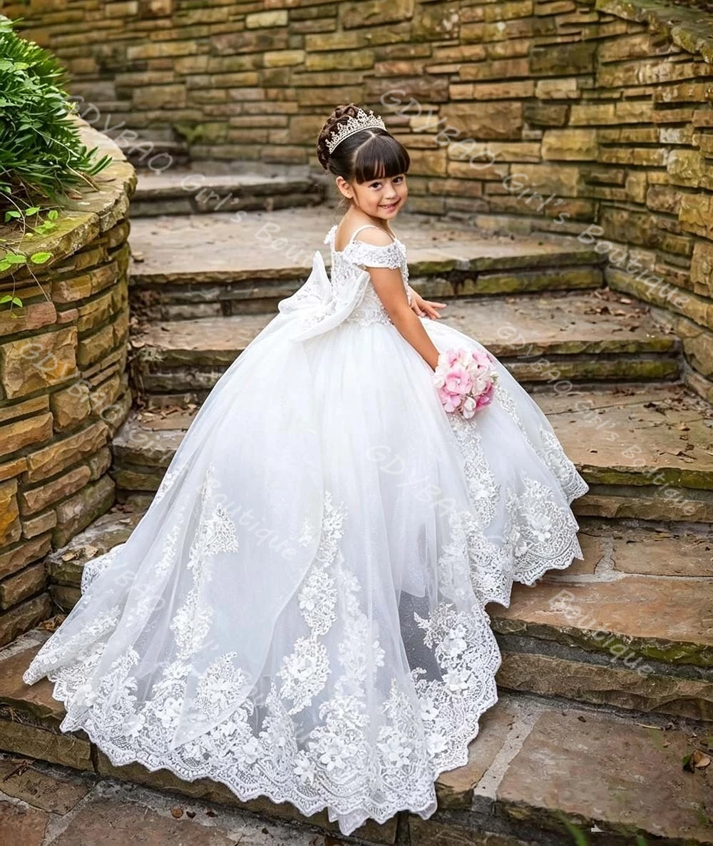 Customized Lace Applique Flower Girl Dress with Long Bow Princess Pageant Gown Off the Shoulder First Communion Dress for Kids