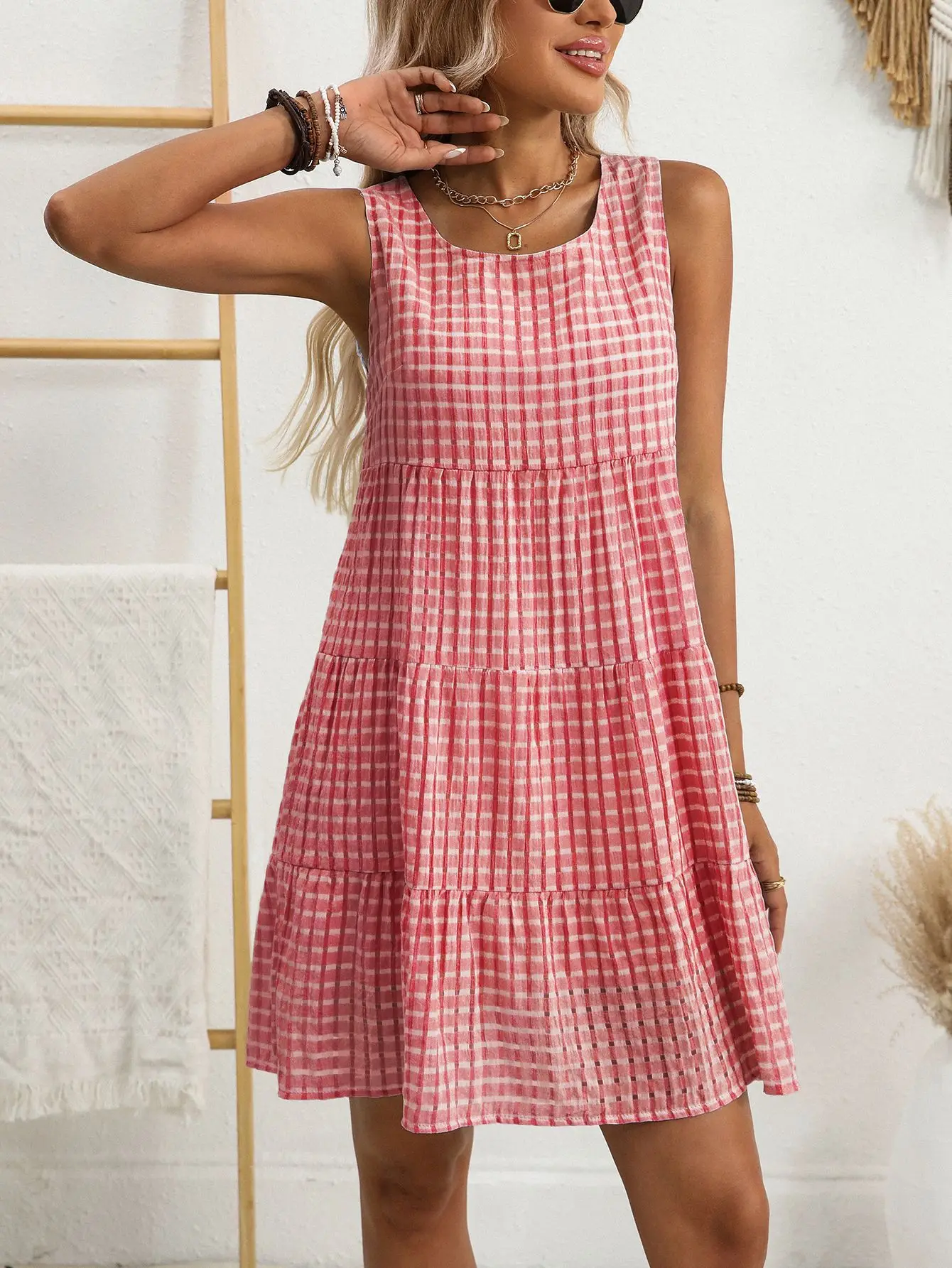Dames Effen Kleur Gingham Mouwloze Jurk Lente Zomer Gelaagde Ruche Oogje Mini Zonnejurk Casual Boho Outfit Daten & Dagelijks
