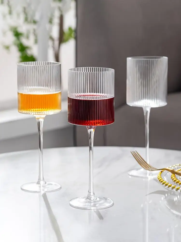 Elegant Ribbed Red Wine Glasses Long Stem Unique Modern Shape - Hand Blown Premium Wine Glass For Red & White Wine Home Bar Part