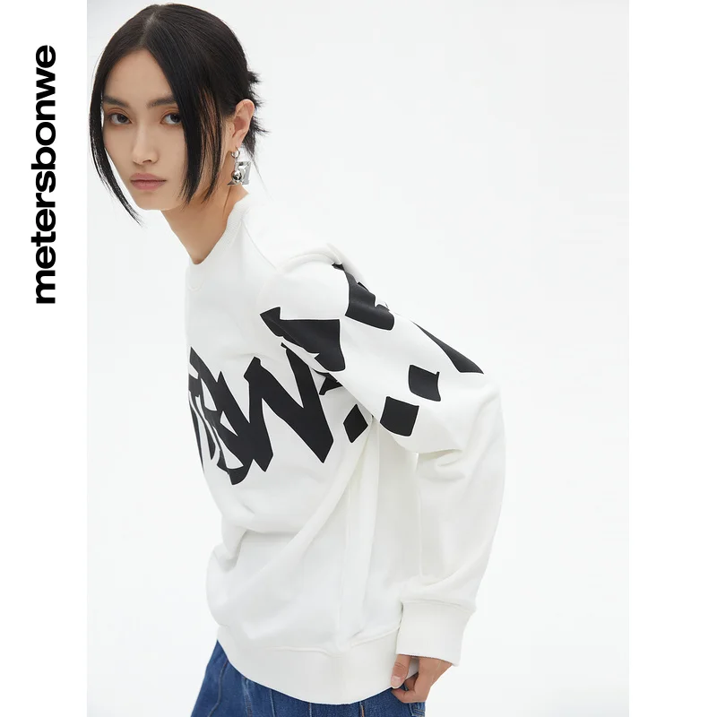 Metersbonwe-Women's Basic Round Neck Fit Version Pullover Graffiti Printing Wide Thread Tops Cute Playful Casual Spring