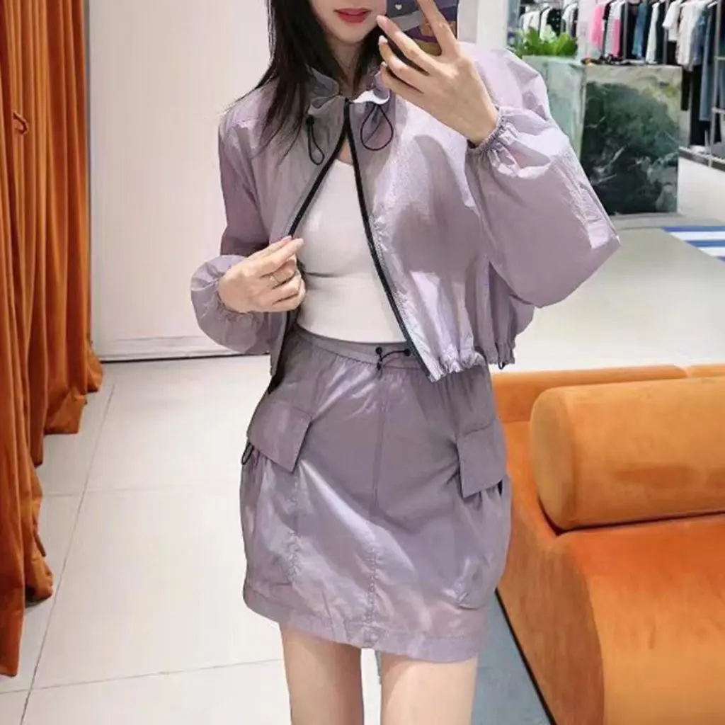 

Летняя короткая свободная куртка с высоким воротником и завязками, комплект с юбкой с защитой от ударов, женская модная верхняя одежда