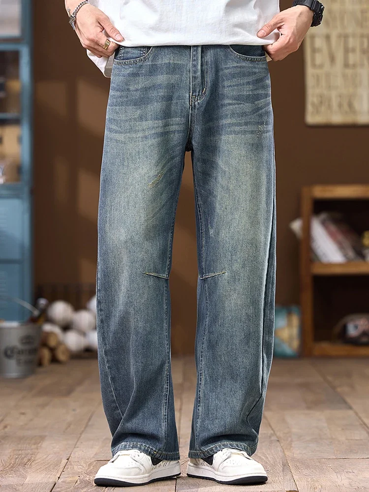 팝 여름 얇은 남성 빈티지 청바지 맞춤형 한국 패션 streetwear 캐주얼 스트레이트 루즈 와이드 데님 바지 남성