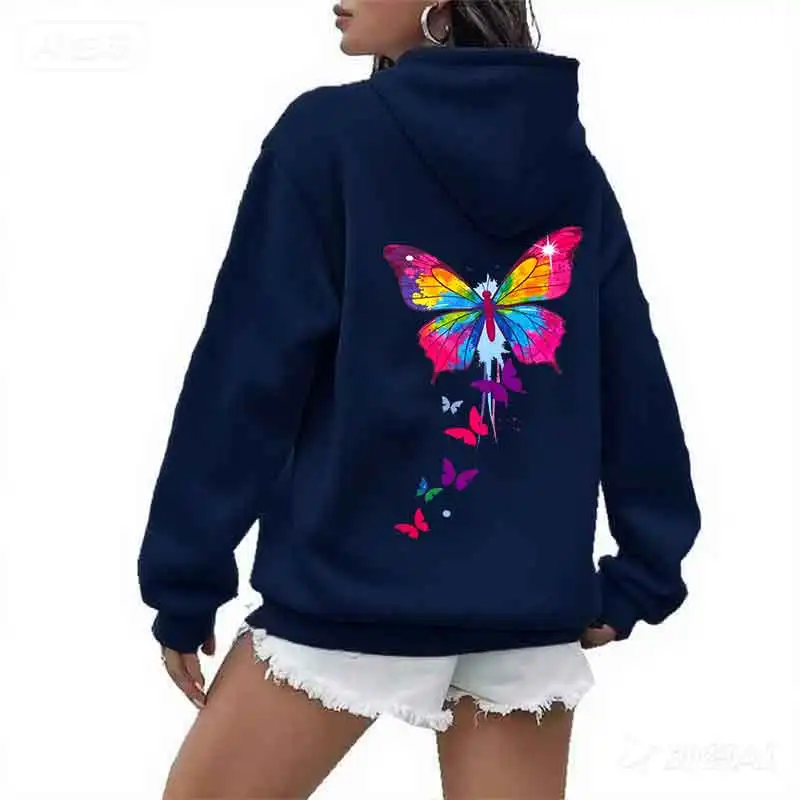 الملونة فراشة طباعة المرأة هوديي ربيع الخريف الشارع عارضة أزياء الكتف الأكمام أعلى تنوعا الاتجاه Y2K الملابس