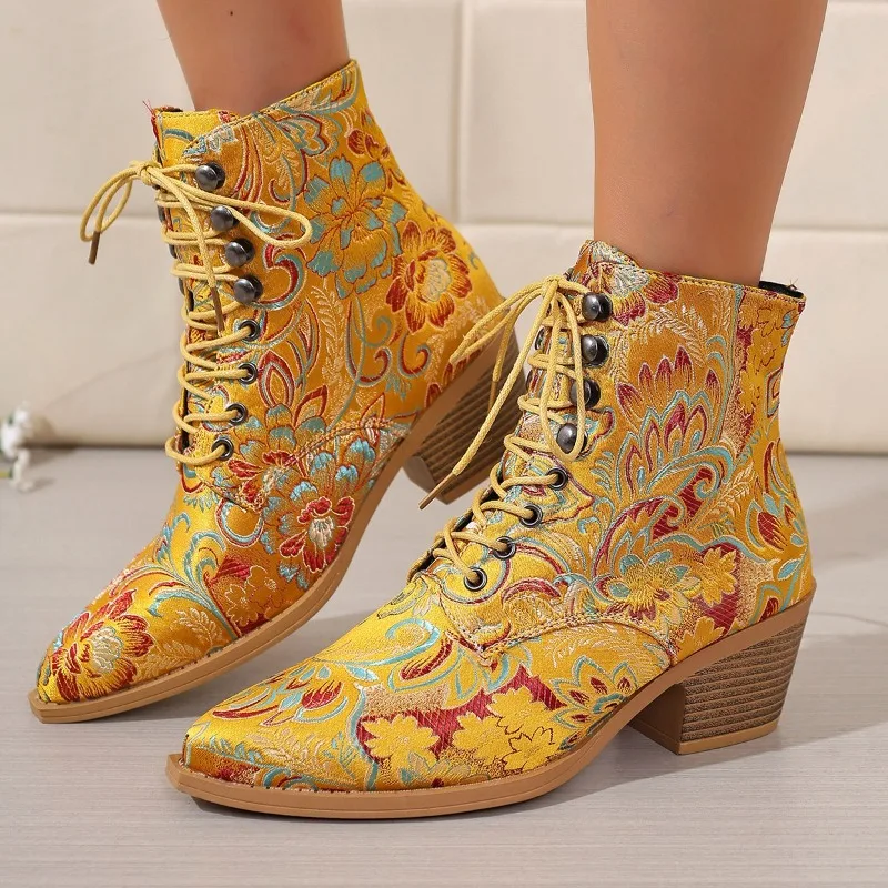 

Embroidered Block Heel Fashion Pointed Toe Lace-Up Cloth Soft Sole Anti-Slip Wear-Resistant Booties