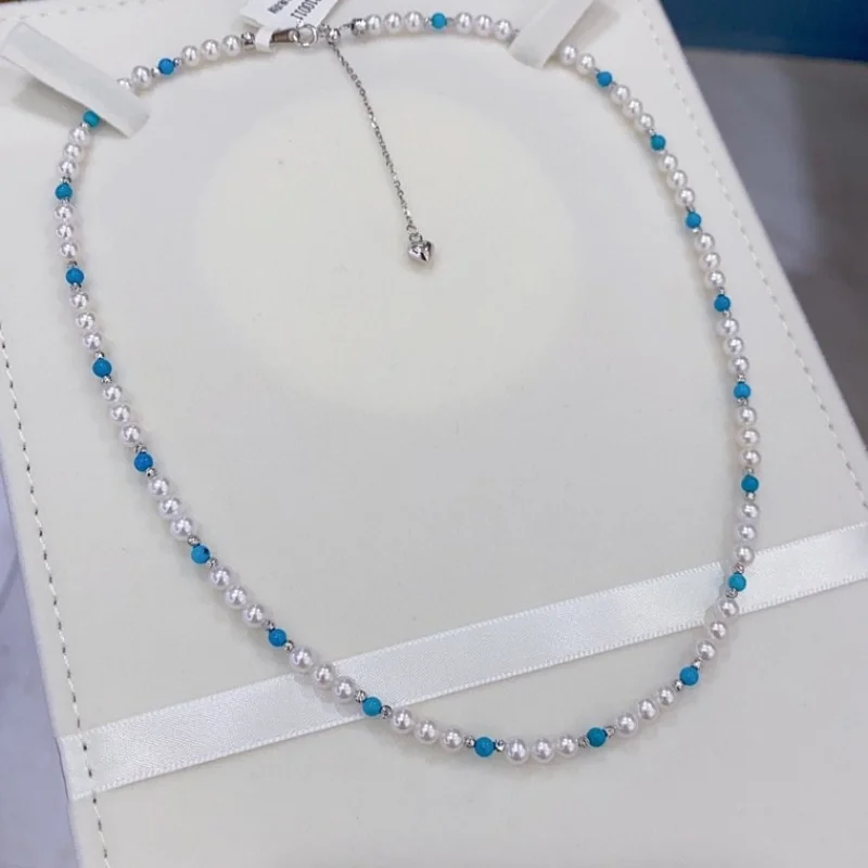 

SGARIT Jewelry S925 Silver Women's Necklace Sleeping Beauty Turquoise Pearl Freshwater ak Choker SN03