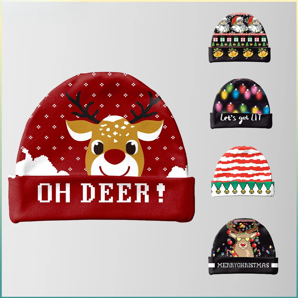 Christmas Hat Adult Kid Cartoon Elk Santa Claus Digital Printed Cosplay Costumes Accessory Fancy Christmas Gift Cap New Year