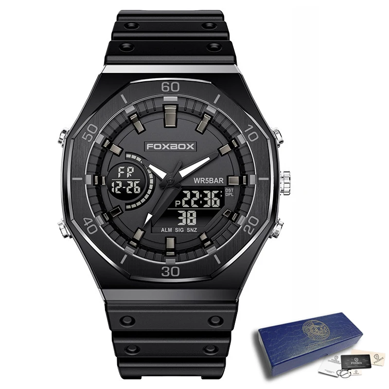 Foxbox neue Dual-Display-Uhren für Männer Casual Sports Chronograph Quarz Big Dial Armbanduhr Silikon wasserdichte Digitaluhr