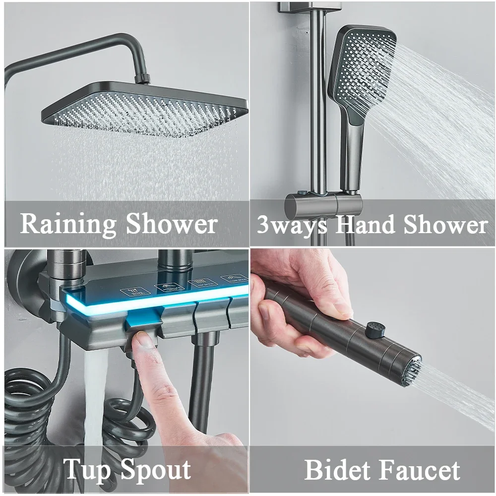 Grey Piano Digital Bathroom Shower System Set Quality Brass Hot Cold Bathroom Faucets Bathroom Accessories Digital Shower Set
