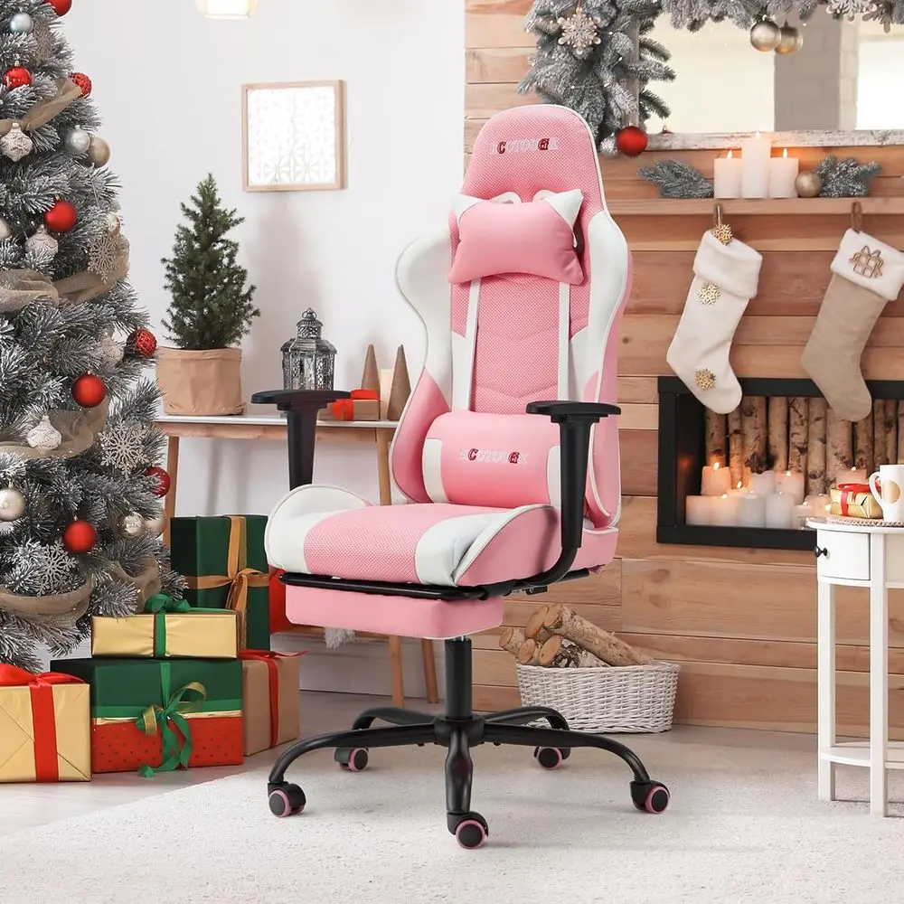 Pink High-Back Gaming Chair with Footrest, Recliner, Lumbar Support, and PU Leather