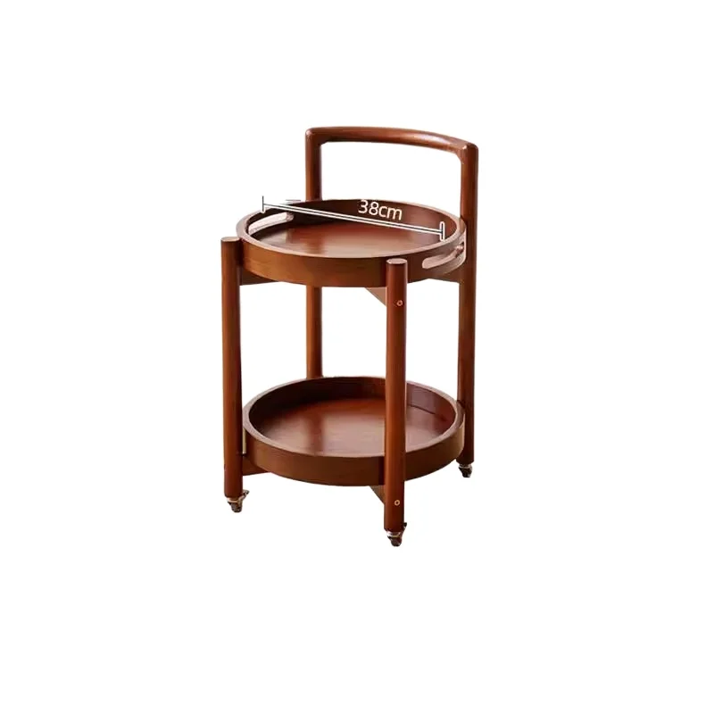 Solid Wood Rolling Side Table 2-Tier Round Coffee Table with Wheels Serving Cart for Living Room Multifunctional Storage Shelf
