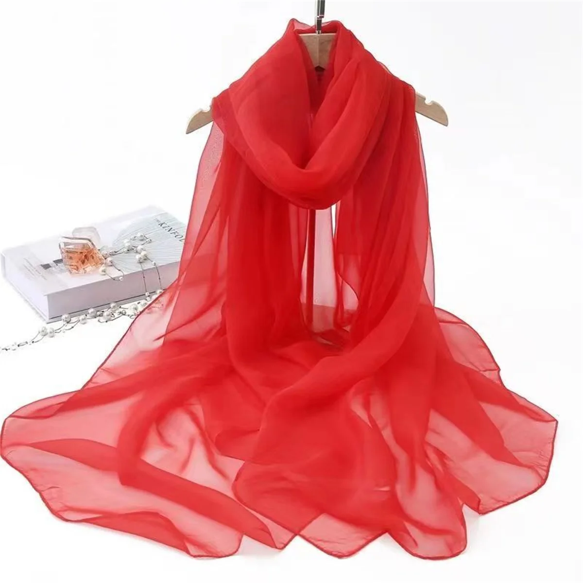 Women\'s solid color bright red ultra-thin, soft and breathable, elegant and silky scarf suitable for holiday gatherings, etc