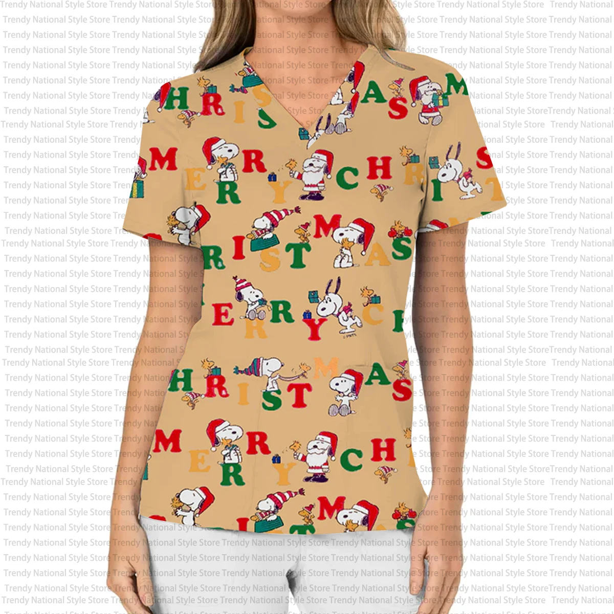 2025 delle nuove donne di alta qualità del fumetto di Natale Snoopy stampa con scollo a V tasca Scrub Top Dental Pet Shop salone di bellezza T-shirt