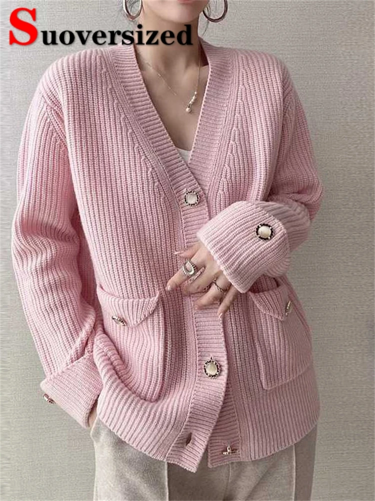 V-neck Loose Spring Fall Knitted Cardigan Casual Long Sleeve Knitwears Jacket Korean Fashion Sweater Women Vintage Tops New