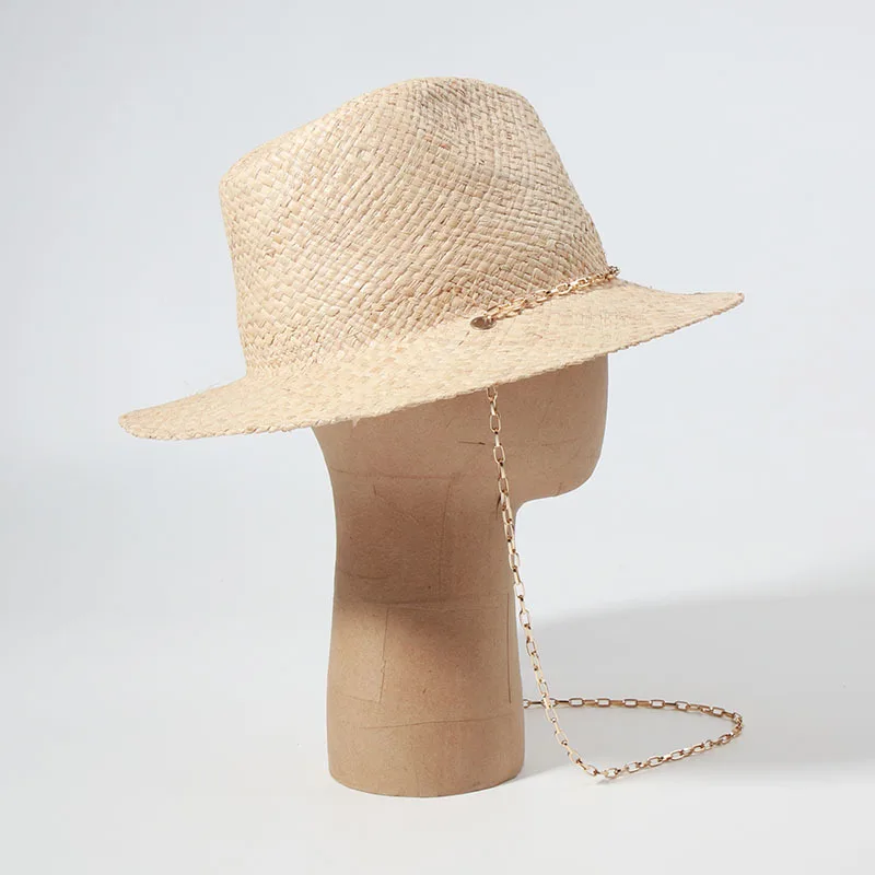 Women New Chain Design Raffia Straw Hat Summer Vacation Sun Protection Beach Cap