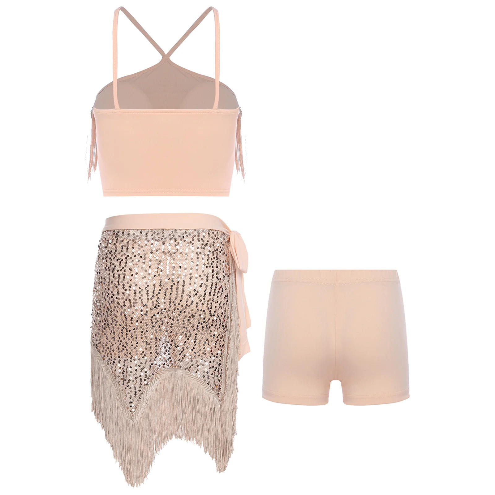 สตรี Belly Dance เครื่องแต่งกายชุดพู่ Crop Top กางเกงขาสั้นและเงาเลื่อม Lace-up ผ้าพันคอสะโพกสําหรับ Dance Class Belly Dancewear
