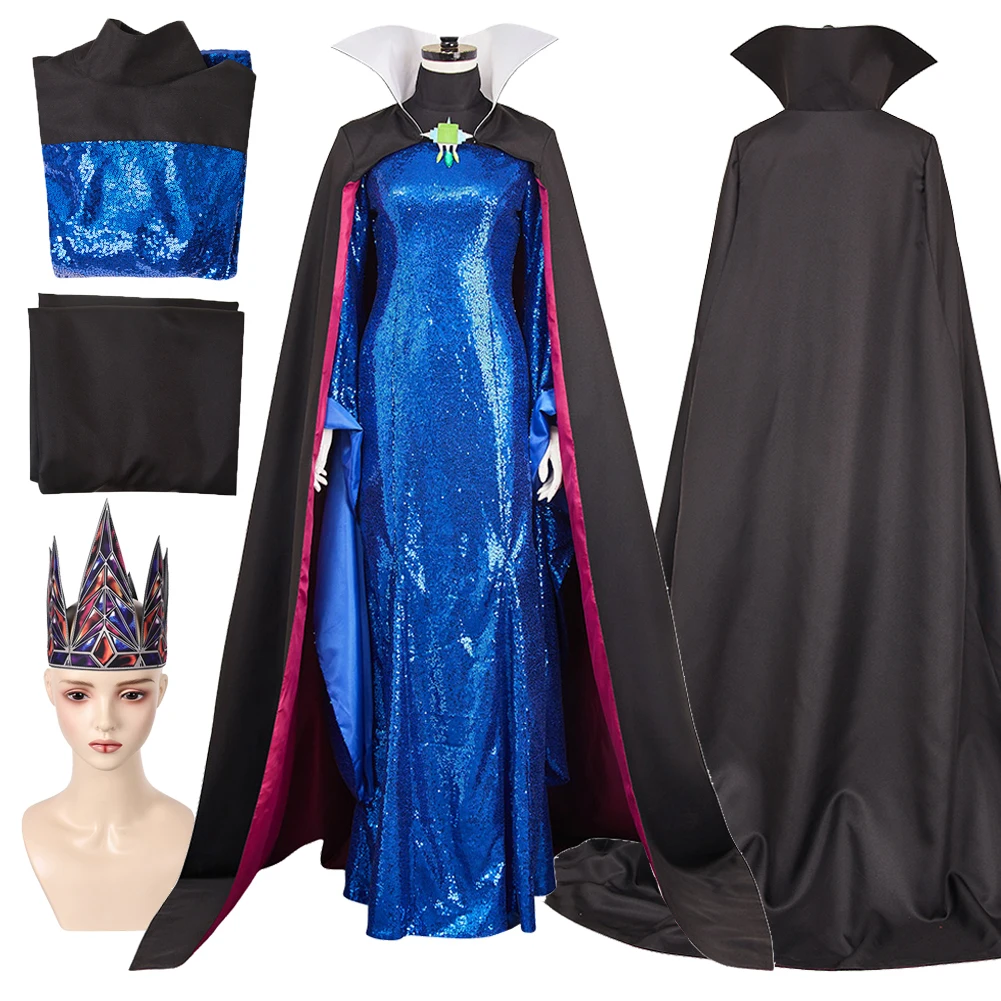 

Cartoon Princess Evil Queen Blue Dress Cloak Crown Uniform Women Halloween Carnival Party Outfits Role Play Suit