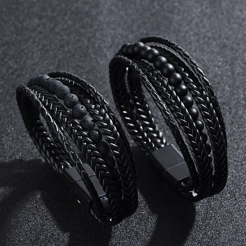Men's Leather Braided Bracelet, Black Volcanic Stone Trendy Street Jewelry, Ideal for Daily Wear and Holiday Gifting