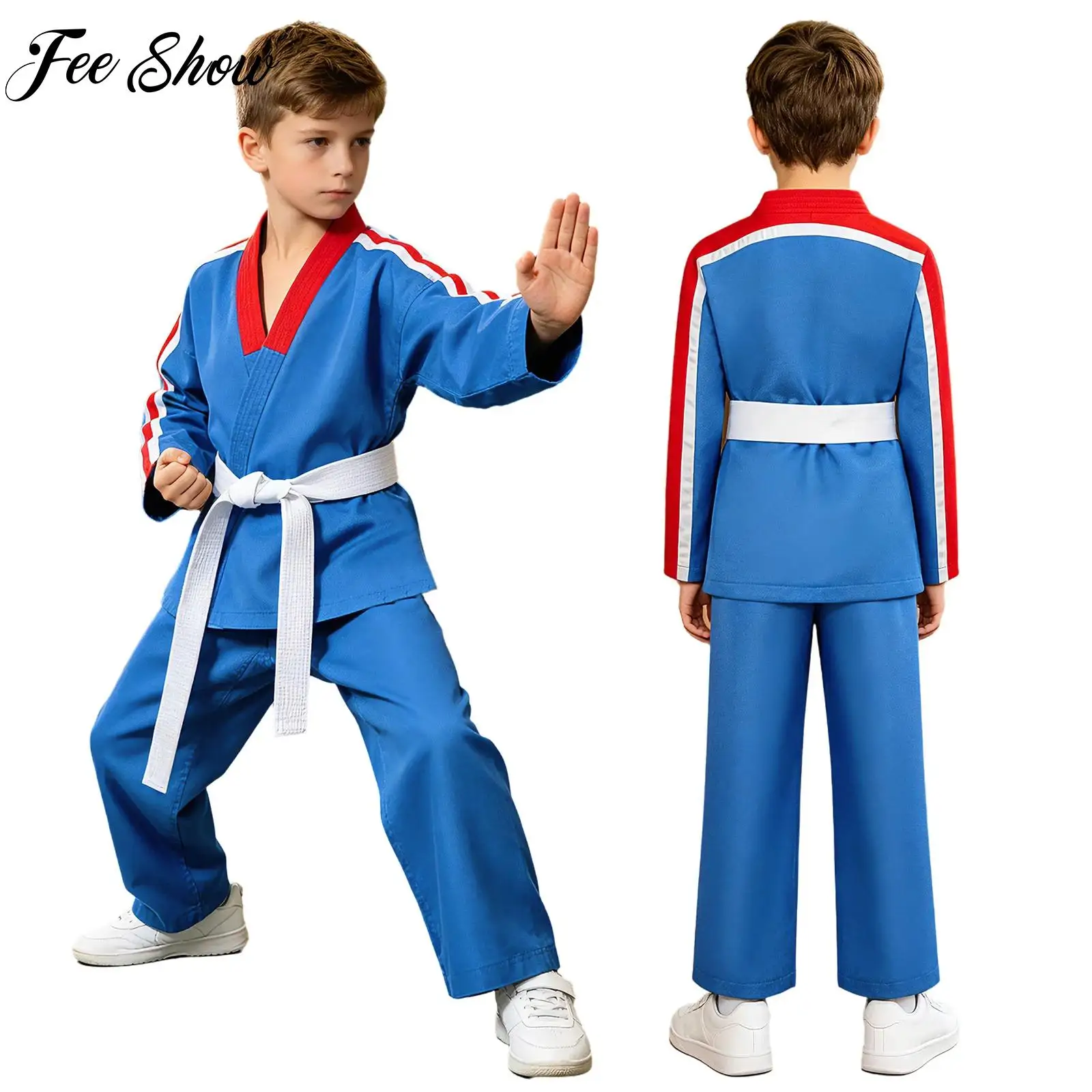 

Костюм для карате и тхэквондо для мальчиков: топ с длинным рукавом и цветными вставками, брюки с эластичным поясом и карманами, пояс, комплект для занятий боевыми искусствами