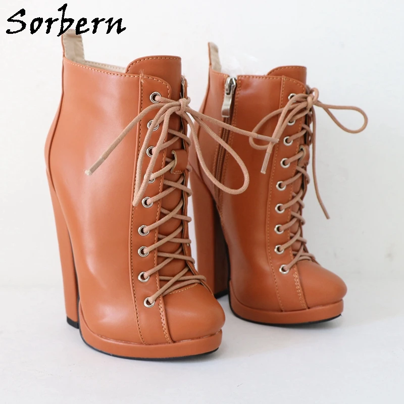 Sorbern Brown Ankle Boots For Women Lace Up Thin Platform Block High Heels Winter Style Warm Plush Short Booties Custom 33-48