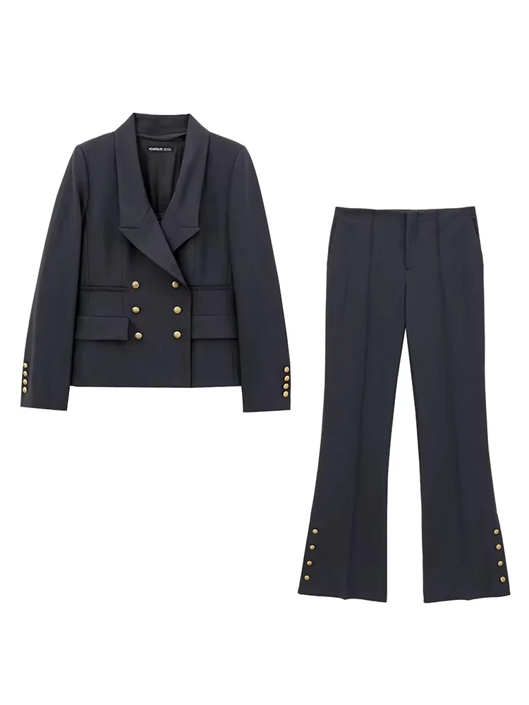 

HH Осенний женский модный тонкий пиджак с отложным воротником и длинными рукавами, украшение на пуговицах, комплект из 2 предметов, брюки-клеш в стиле ретро с высокой талией