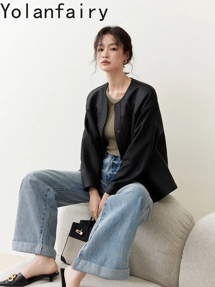 YOLANFAIRY Fashion Genuine Leather Jacket Round Collar Women High Quality 100% Top Layer Sheepskin Real Leather Coat Short