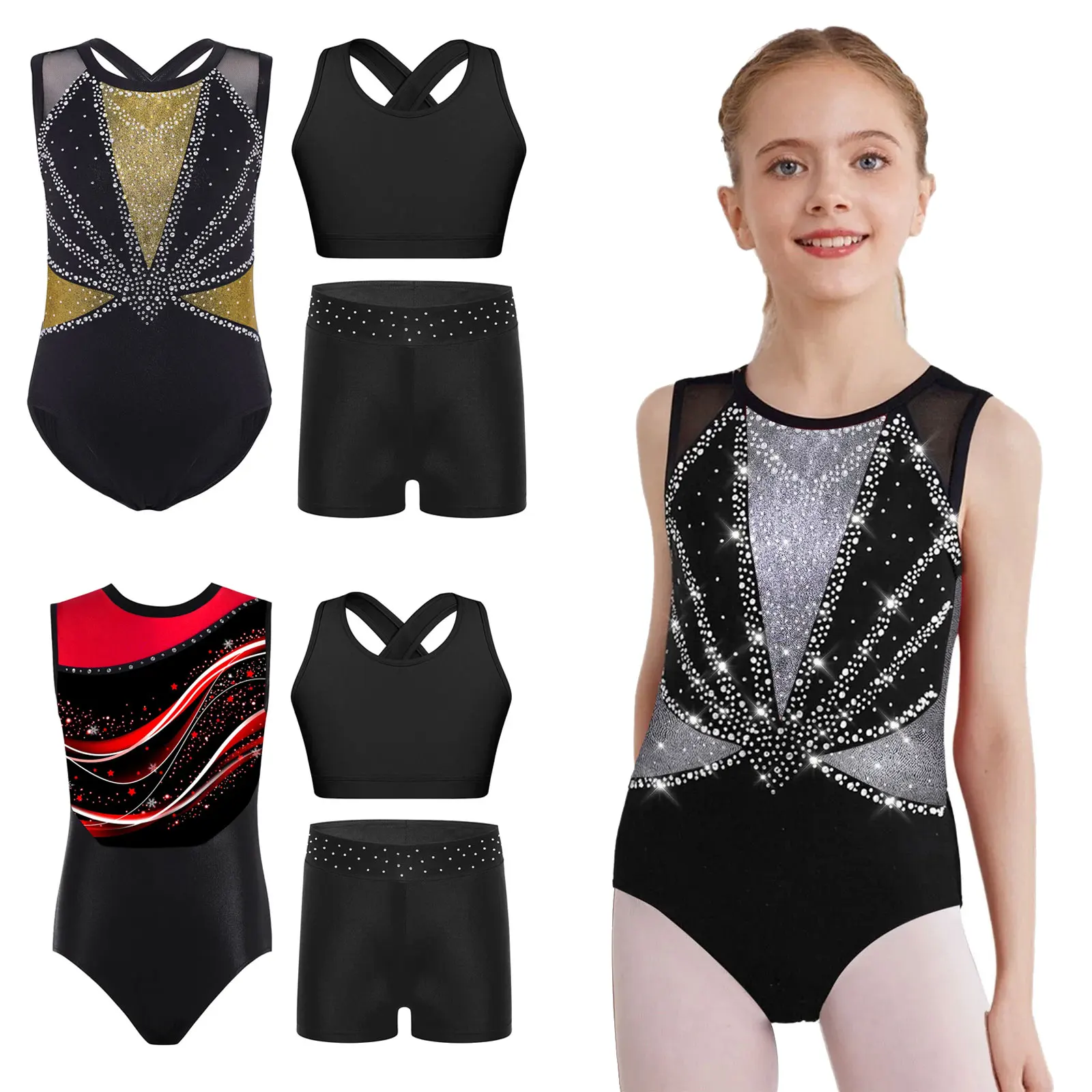 Kids Girls Gymnastics Ballet Dance Leotard Shiny Ballerina Dance Costume Sleeveless Athletics Costume Child Training Bodysuit