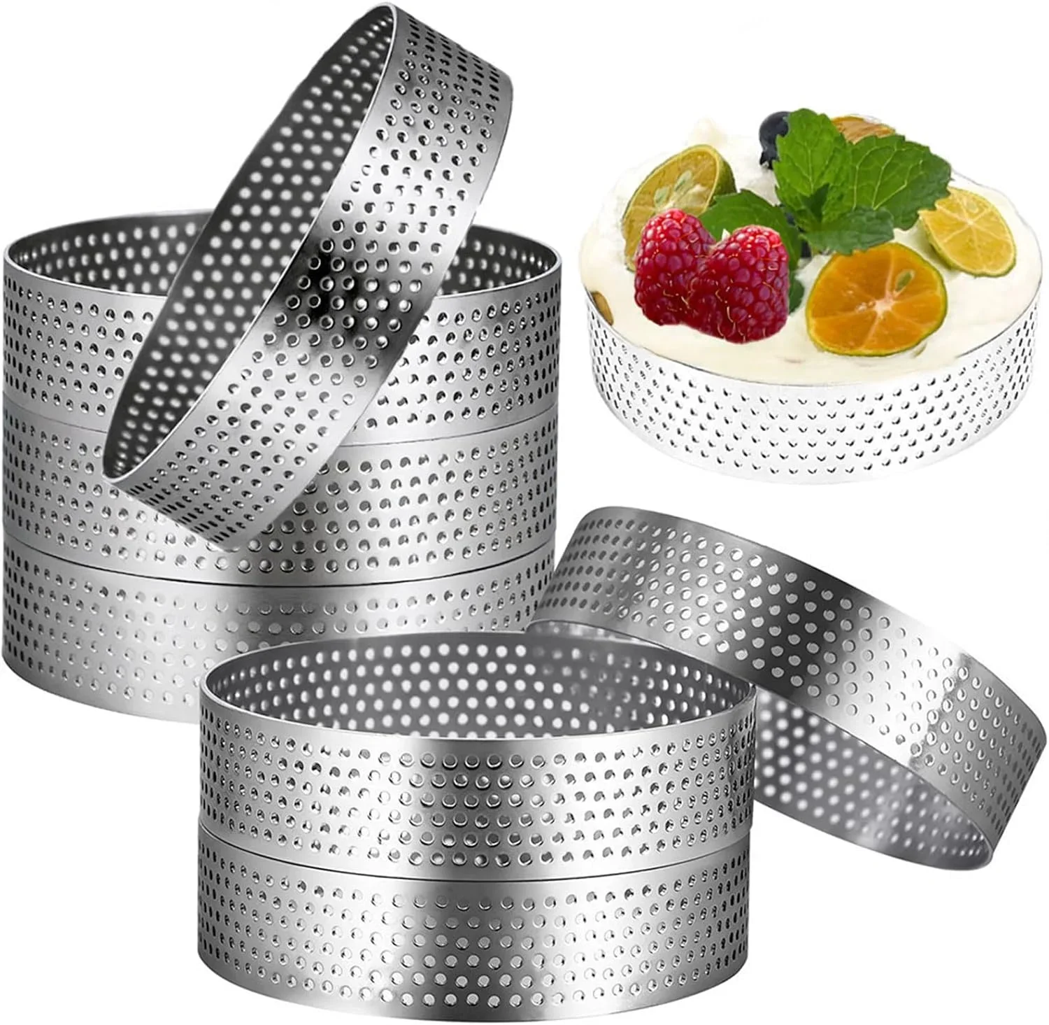 10PCS Perforated Tart Rings Round Stainless Steel Mousse Cake Ring Mold for Baking Pastry French Dessert Mousse Home Baking Tool